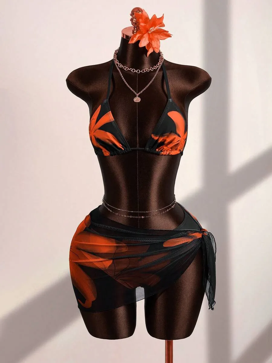 Orange Floral Bikini & Sarong Set