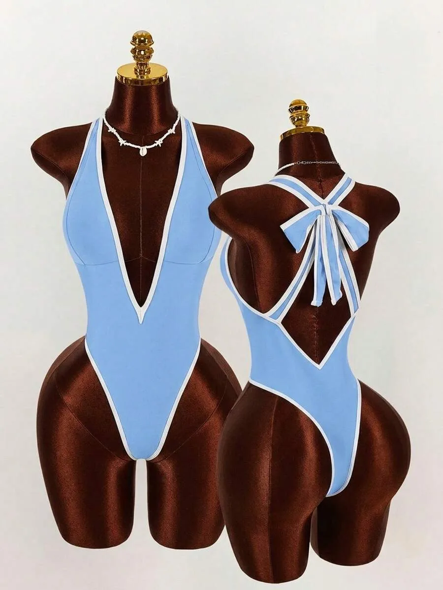 Blue Deep-V Bow-Back Swimsuit