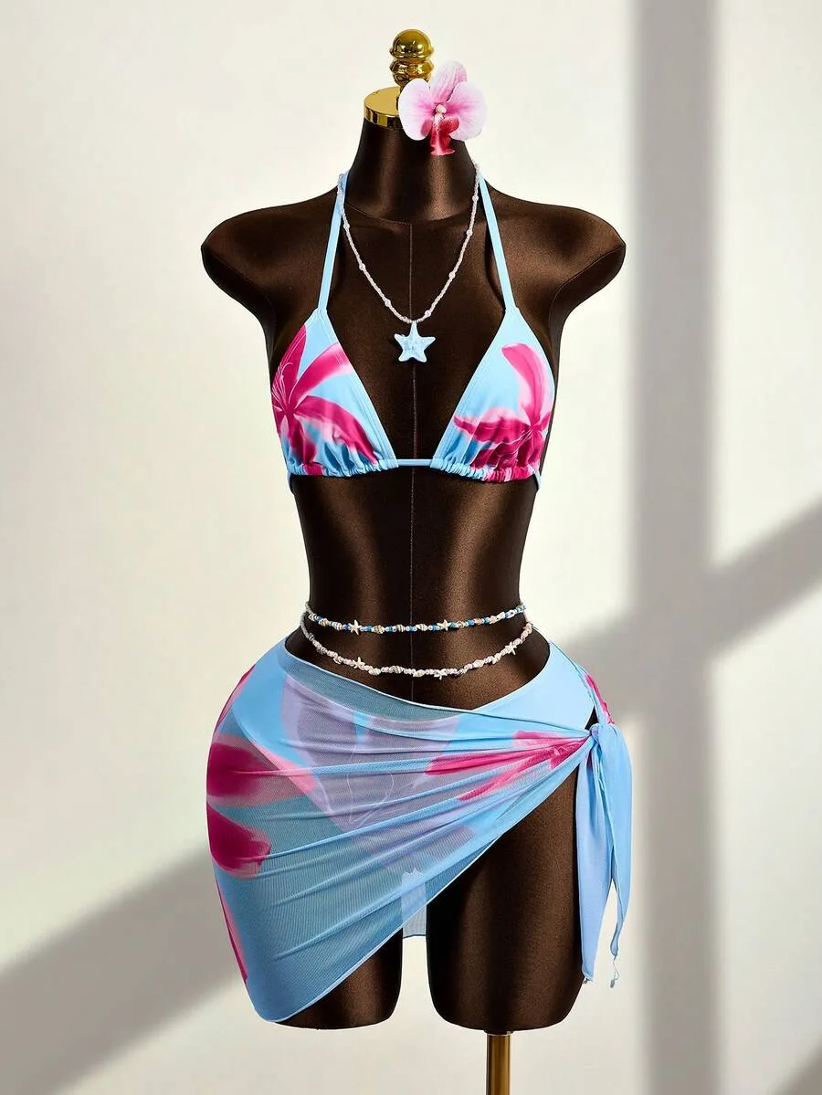 Blue Floral Bikini & Sarong Set