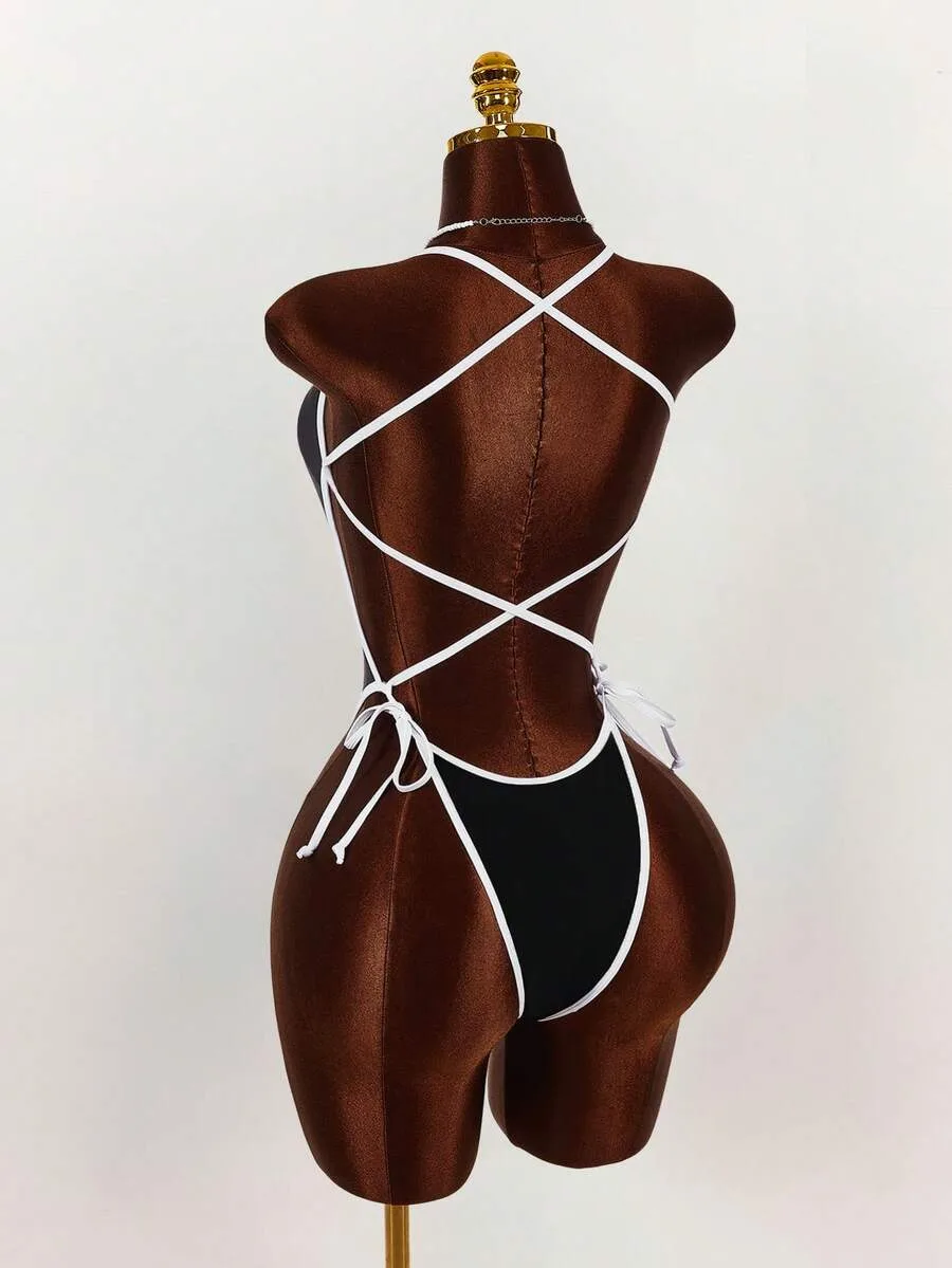 Black Lace-Up Backless Swimsuit